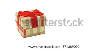 Checkered Single Gift Box With  Beige Brown Pattern, Red Ribbon And Bow, Isolated On White Background,  Horizontal Image With Copy Space, Front View