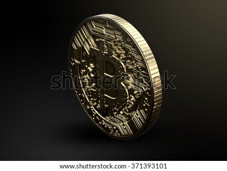 A concept showing a physical golden bitcoin cryptography digital currency coin on an isolated dark background