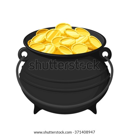 Vector black pot of gold coins isolated on a white background.
