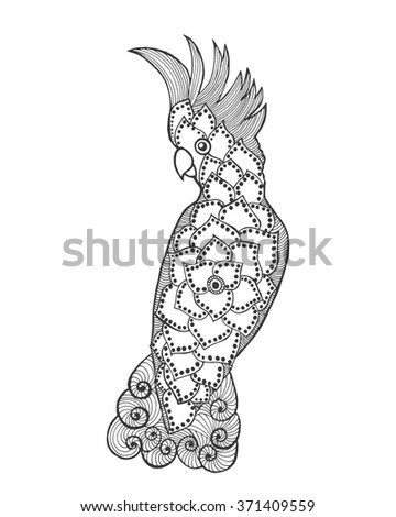 Zentangle stylized cockatoo. Bird. Black white hand drawn doodle. Ethnic patterned vector illustration. African, indian, totem, tribal design. Sketch for tattoo, poster, print or t-shirt.