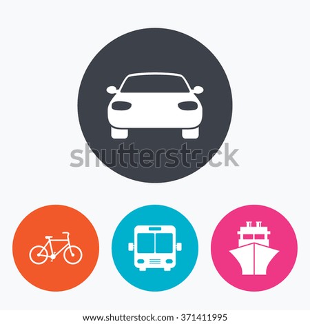Transport icons. Car, Bicycle, Public bus and Ship signs. Shipping delivery symbol. Family vehicle sign. Circle flat buttons with icon.