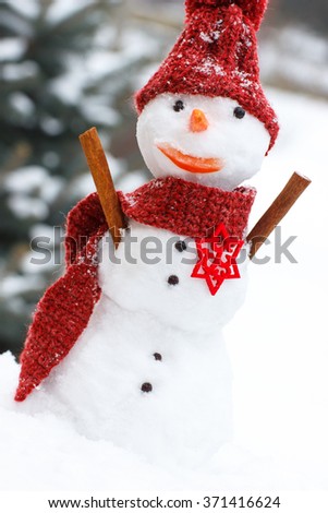 Funny snowman wrapped scarf with woolen cap on snow covered coniferous tree background, concept of winter season