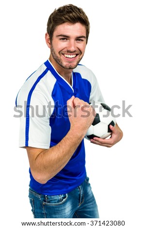 Portrait of handsome man holding football on white screen