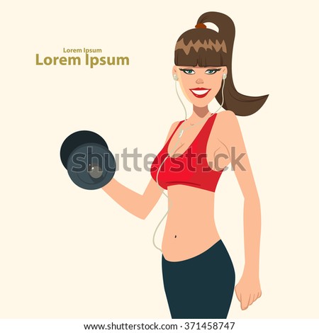 cute girl in headphones working out with dumb-bell, simple vector illustration