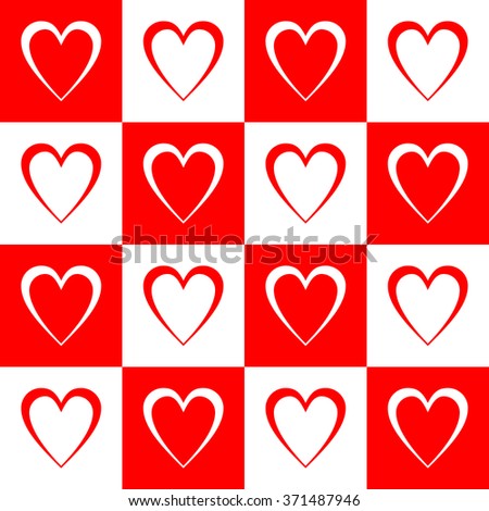Seamless geometric pattern of hearts and squares. The pattern resembles a chess board.