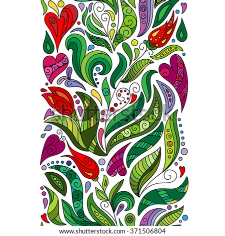 Vector doodle flowers seamless border. Zentangle style decorative element. Colorful hand draw pattern. Bright ribbon, strip, band, edging,  bordure.