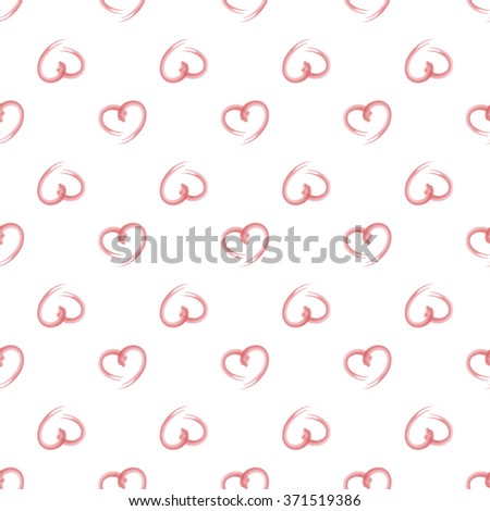 Hand drawn artistic ink brush pattern of romantic red hearts on a white background. Seamless pattern.