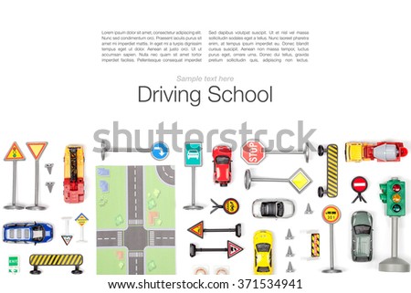 driving school concept. set of road signs and cars on white background top view