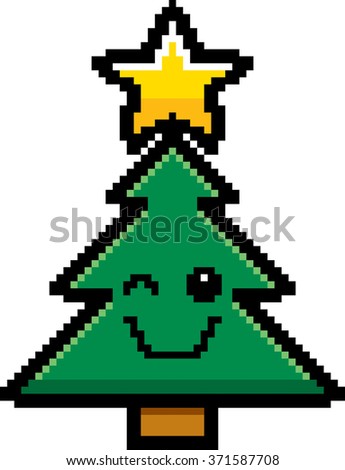 An illustration of a Christmas tree winking in an 8-bit cartoon style.