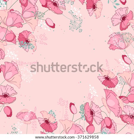 Floral abstract square template with stylized herbs and pink poppies.  Silhouette of plants.