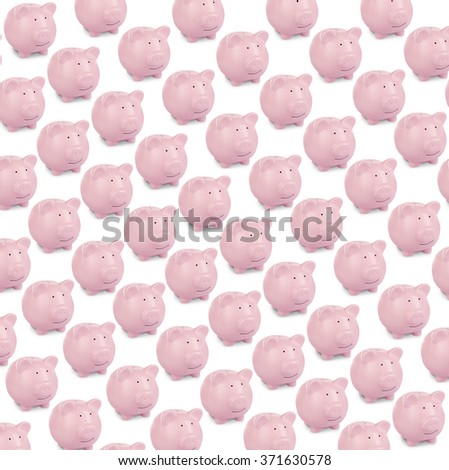 Collage of pink ceramic piggy banks isolated on white