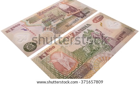 Zambia money isolated on a white background, banknote 1000 kwacha