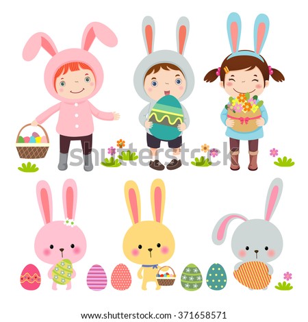 Vector set of characters and icons on the Easter theme in cartoon style