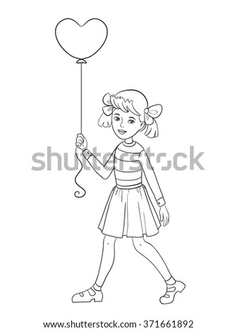 Girl with balloon in shape of heart in hand, vector image, outline isolated on white
