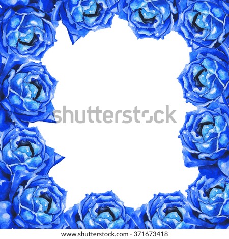 Frame with blue watercolor roses. Template for text, greeting card, invitation