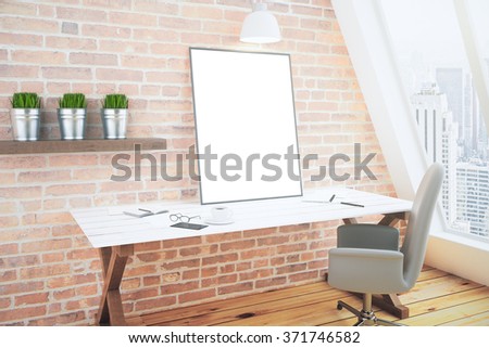 Blank white poster on white wooden table in loft room with brick wall and wooden floor, mock up 3D Render