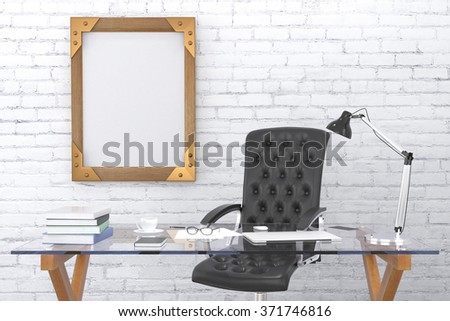Steampunk blank wooden picture frame on brick wall with black leather chair and glassy table, mock up 3D Render