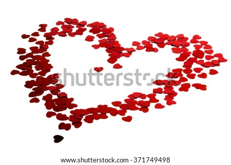 Confetti of hearts in the form of heart. Isolated on white background.