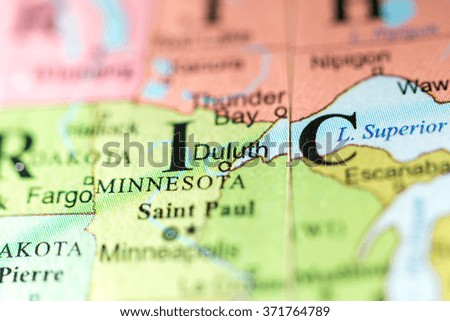 Closeup of Duluth, Minnesota on a political map of USA.