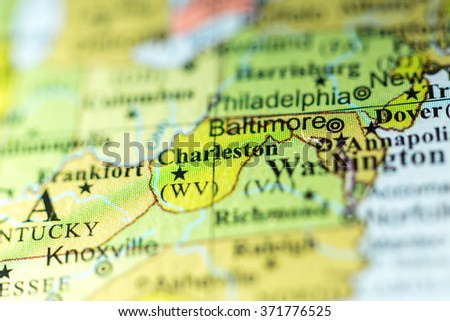 Closeup of Charleston, West Virginia on a political map of USA.