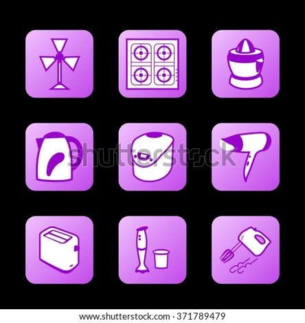 Home appliances icons, purple contour series. raster