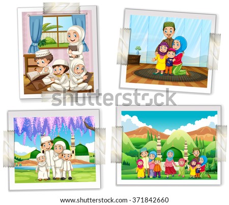 Four photo frames of muslim family illustration
