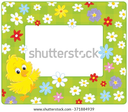Horizontal frame with a little yellow chick and flowers