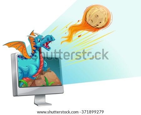 Computer screen with dragon and comet illustration