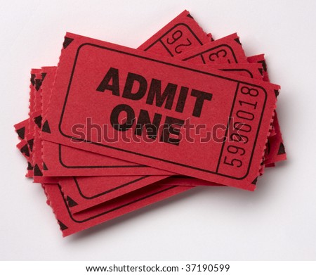Close up shot of red admit one tickets shot on white with soft drop shadow Royalty-Free Stock Photo #37190599