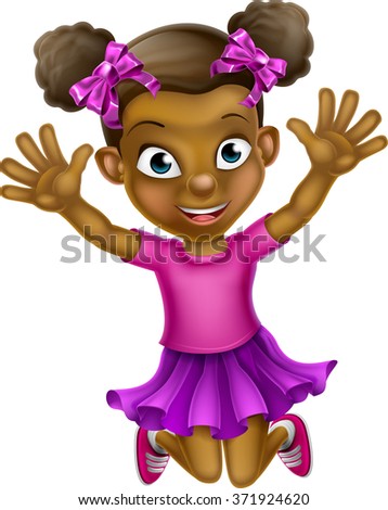 Happy cartoon young black girl jumping for joy