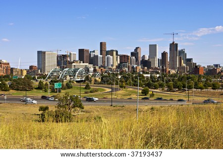 Denver Skyline and New Construction as seen from west side of city on I-25 highway