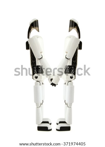  two robots in love hold hands and look at each other, are located on a white background; love of two robots; robots too can love;