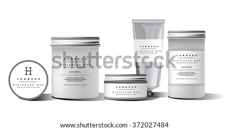 Realistic white cosmetic cream container and tube for cream, ointment, toothpaste, lotion Mock up bottle. Gel, powder, balsam, with design label. Soap pump. Containers for bulk mixtures.  Royalty-Free Stock Photo #372027484