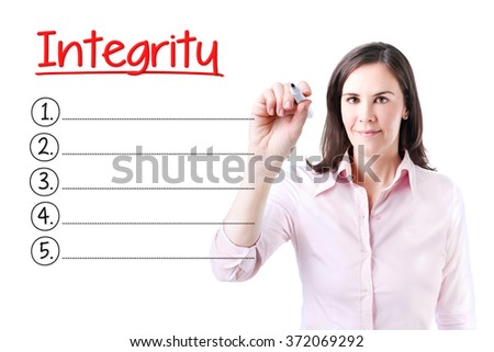 Business woman writing blank Integrity list. Isolated on white. 