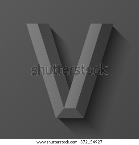 Black bevel font letter V, vector