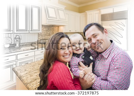 Happy Young Family Over Custom Kitchen Design Drawing and Photo Combination.