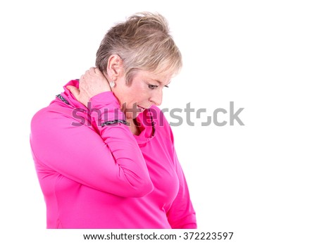 caucasian middle aged woman is having a pain on white background