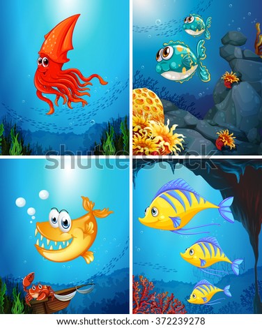 Sea animals living under the ocean illustration