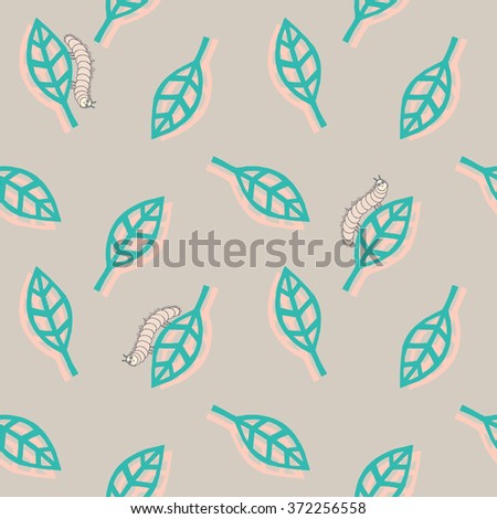 vector illustration seamless pattern of delicate turquoise leafs, with pink shadows and caterpillars, on gray background