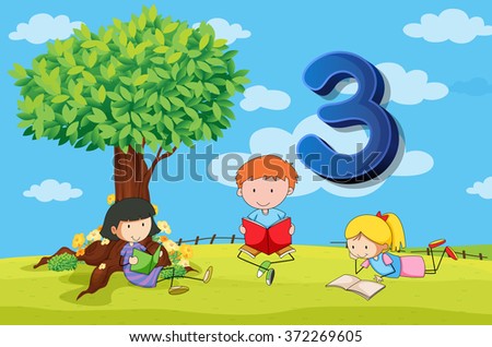 Flashcard number 3 with three children in the park illustration