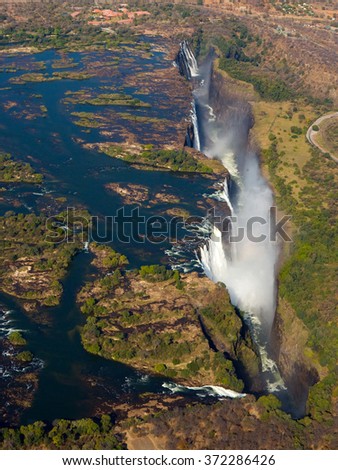 View of the Falls from a height of bird flight. Victoria Falls. Mosi-oa-Tunya National park.Zambiya. and World Heritage Site. Zimbabwe. An excellent illustration.