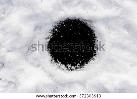 Black background round shape in the snow. Perfect window frame for any picture, just replace black color with your image in photo editor, by layered over it in screen mode.
