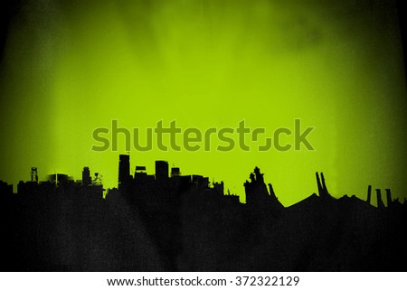Silhouette old deserted town, with green background
