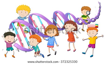 Boys and girls with DNA model illustration