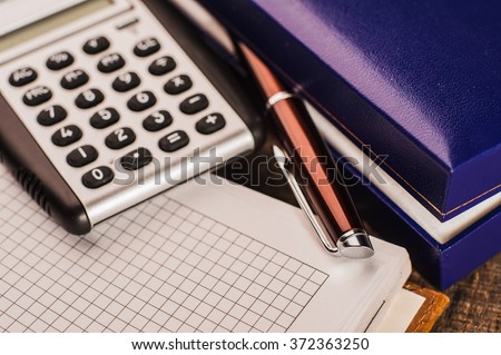 Set of business, pen, calculator, notepad, office supplies
