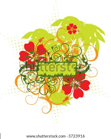 Grunge palms, hibiscus background, vector illustration