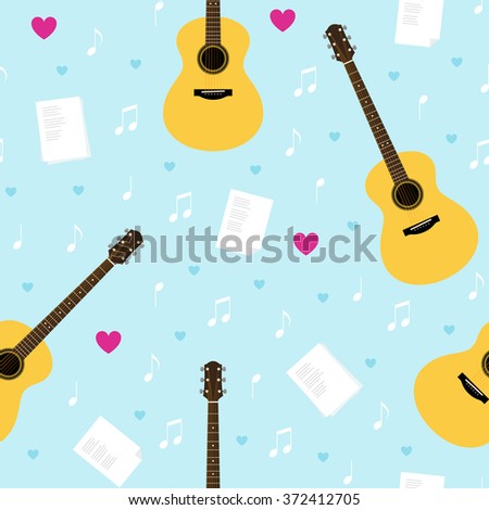 Vector seamless pattern with guitars, lyrics, notes and hearts. Creativity, writing love songs, serenade. Valentine's day light blue texture for wrapping paper, gift bag, web and ads design.
