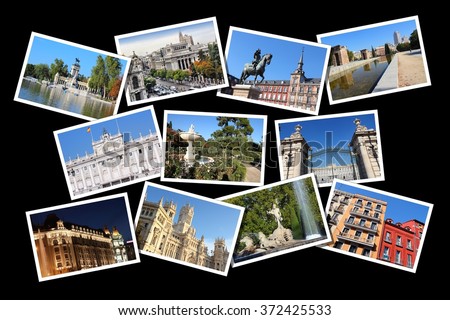 Postcard collage from Madrid, Spain. Collage includes major landmarks like Plaza Mayor, Retiro Park, Debod temple and Palace.