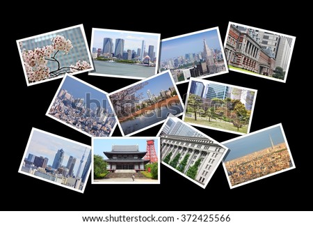 Postcard collage from Tokyo, capital city of Japan. Collage includes major landmarks, temples, Tokyo cityscape and skyline.