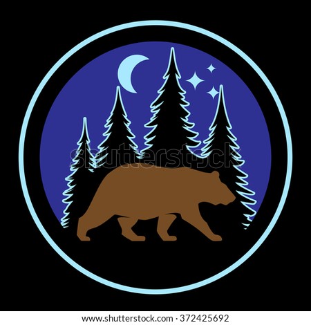 Vector bear silhouette in forest wildlife outdoor nature park in the night under the moon and stars. Badge shape illustration